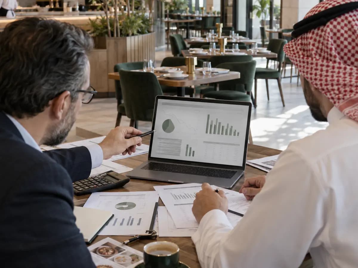 دراسة ضوئية مجرّدة بألوان نوريفا، تُستخدم كصورة تحريرية لـحاسبة استرداد استثمار الفرع — حاسبة تفاعلية لقرارات الأغذية والمشروبات.