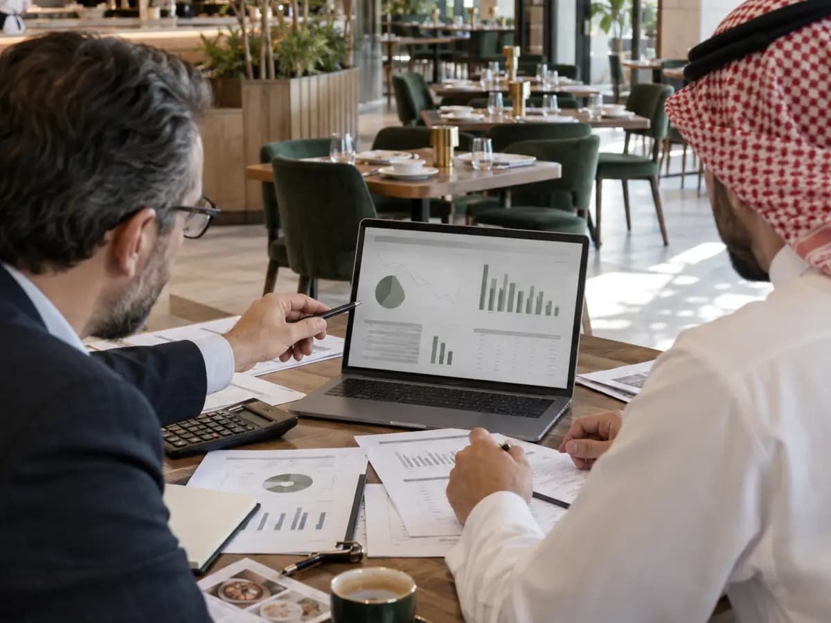 دراسة ضوئية مجرّدة بألوان نوريفا، تُستخدم كصورة تحريرية لـحاسبة الربح الإجمالي — حاسبة تفاعلية لقرارات الأغذية والمشروبات.