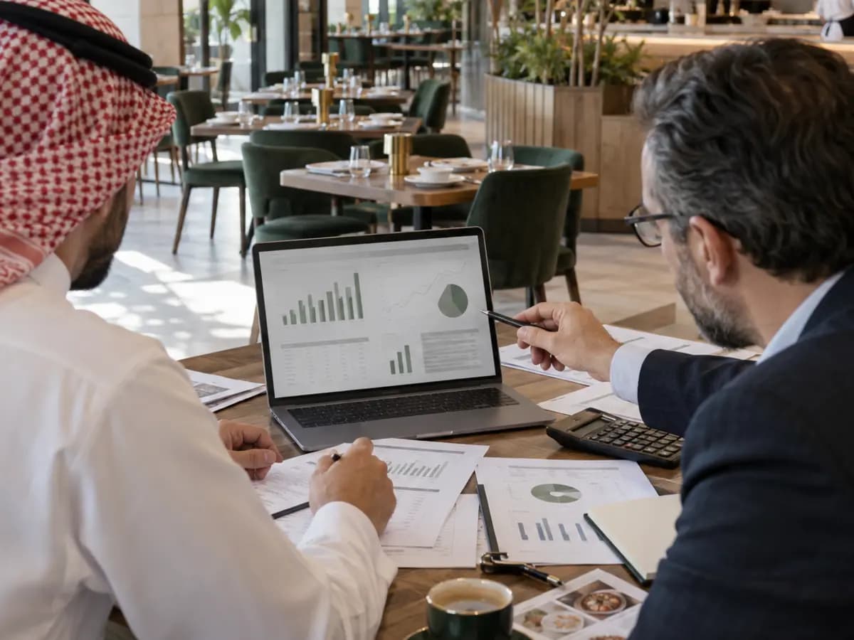 دراسة ضوئية مجرّدة بألوان نوريفا، تُستخدم كصورة تحريرية لـحاسبة تكلفة العمالة — حاسبة تفاعلية لقرارات الأغذية والمشروبات.