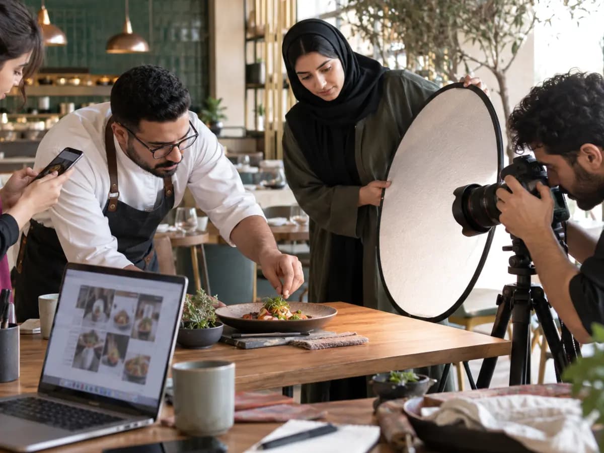 دراسة ضوئية مجرّدة بألوان نوريفا، تُستخدم كصورة تحريرية لـحاسبة عائد التسويق — حاسبة تفاعلية لقرارات الأغذية والمشروبات.