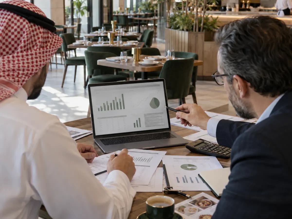 دراسة ضوئية مجرّدة بألوان نوريفا، تُستخدم كصورة تحريرية لـحاسبة التكلفة الأولية — حاسبة تفاعلية لقرارات الأغذية والمشروبات.