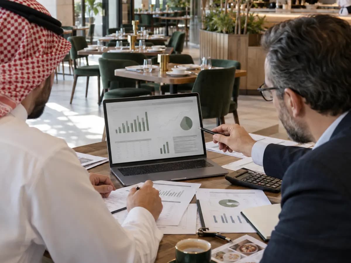دراسة ضوئية مجرّدة بألوان نوريفا، تُستخدم كصورة تحريرية لـحاسبة هدف الإيرادات — حاسبة تفاعلية لقرارات الأغذية والمشروبات.