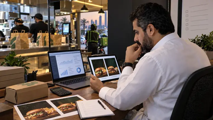 صاحب مطعم يراجع لوحة أداء المبيعات وصور أطباق المنيو، وخلفه طلبات توصيل جاهزة للاستلام
